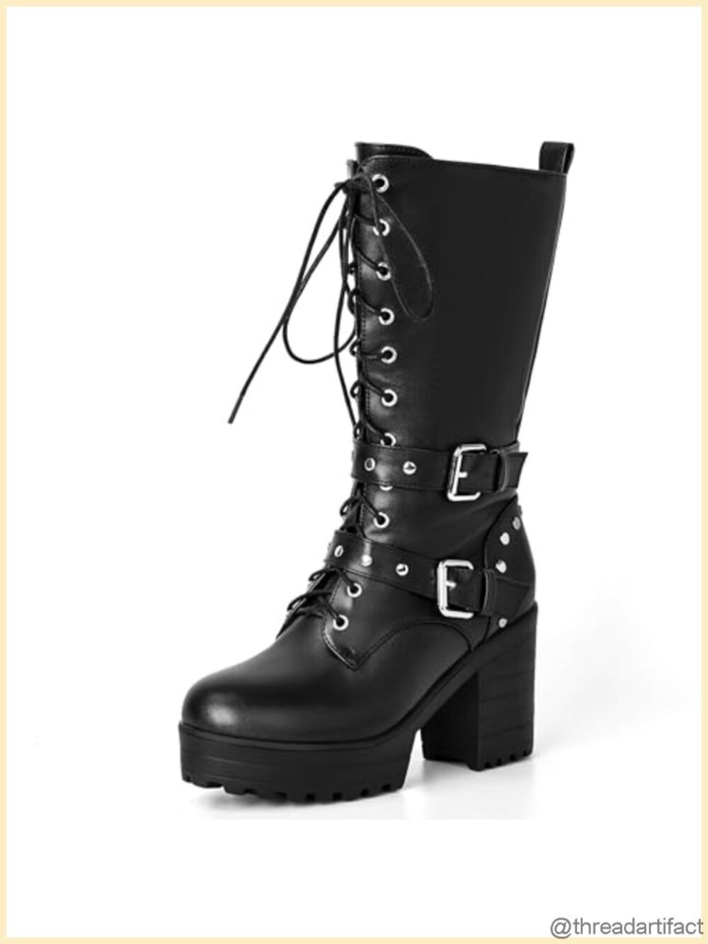 PU Leather Mid Calf Combat Boots Chunky Platform Biker Booties